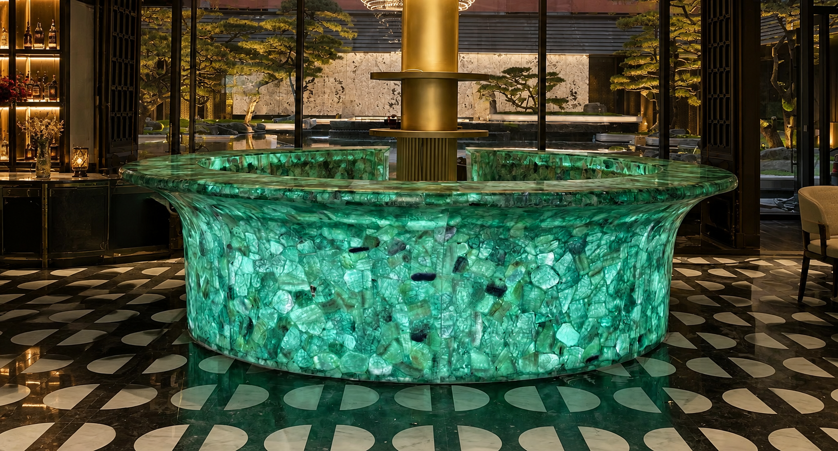 Beijing Sales Center Curved Backlit Natural Stone Reception Counter